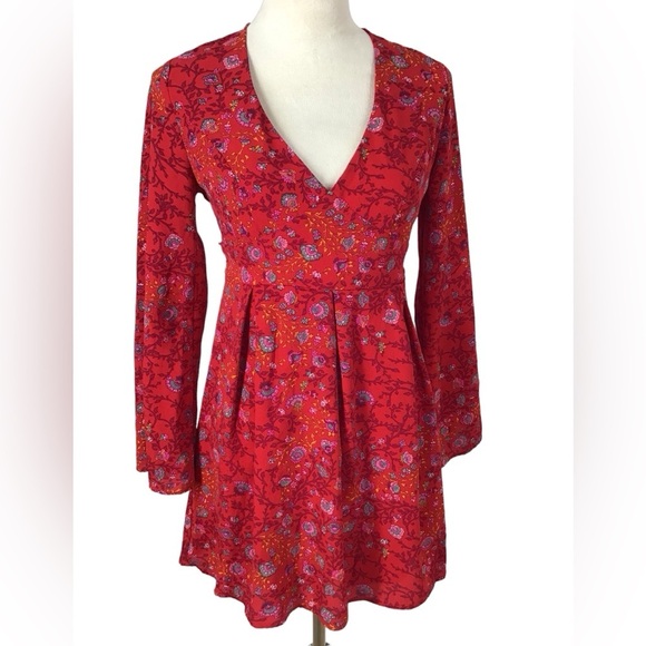 Emerald Sundae Red Floral V Neck Long Sleeve Mini Dress Size Small - Picture 6 of 11